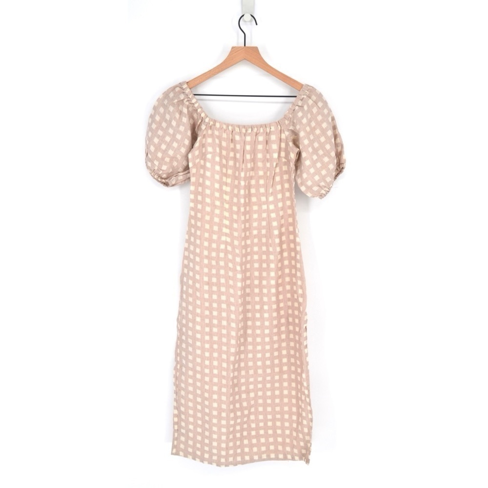 Winston White Lotus Off The Shoulder Linen Midi Dress Gingham Mauve Pink Cream S